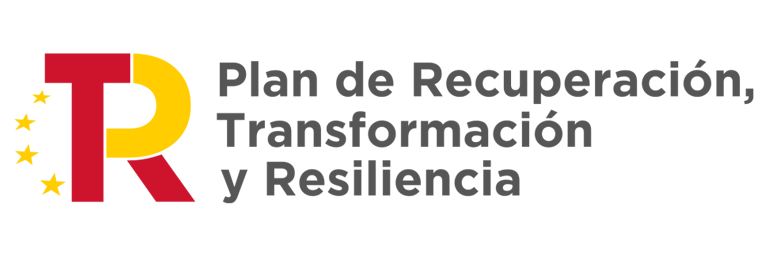 Plan de Recuperación, Transformación y Resiliencia logo with red and yellow letters and four gold stars